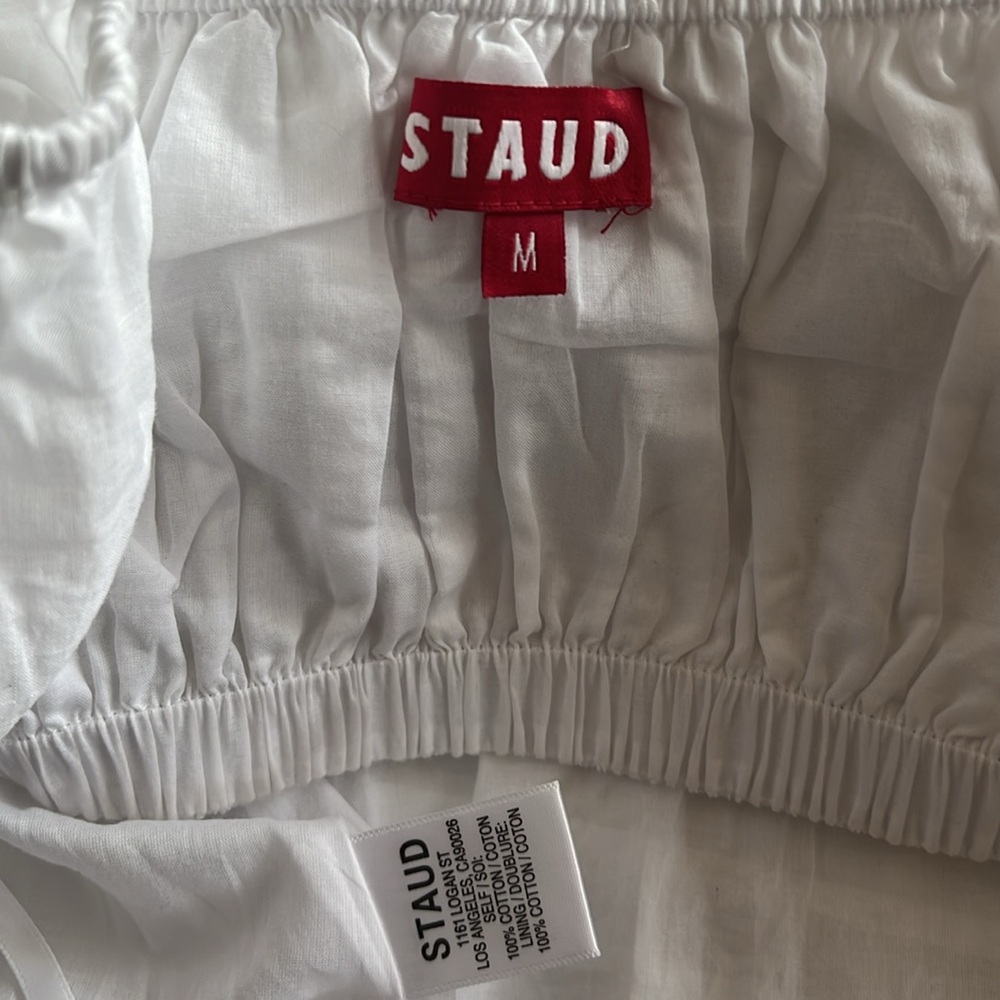 New Staud Carina White Poplin Cutout Puff sleeve Midi Dress Size M - Picture 9 of 9